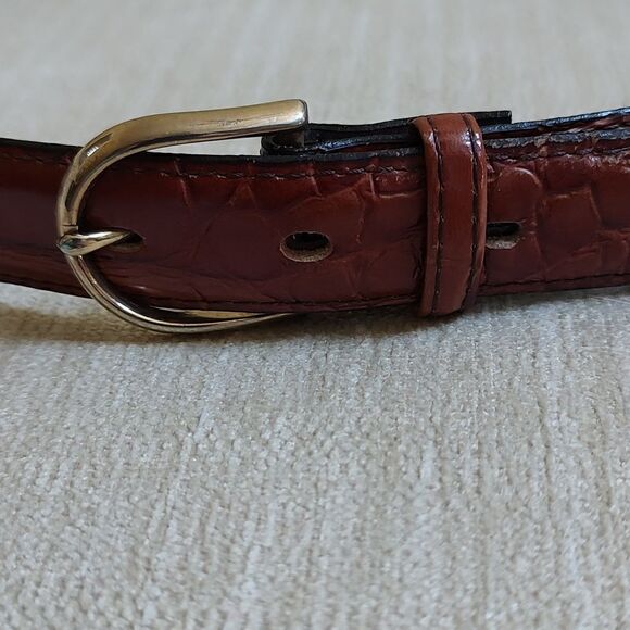 Gator Cowhide Brown Leather Belt Gold Buckle Size 32 - Picture 10 of 11